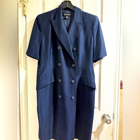 Linda Allard Ellen Tracy Button Long Navy Blue  Blazer Dress Sz-14 - Picture 1 of 11